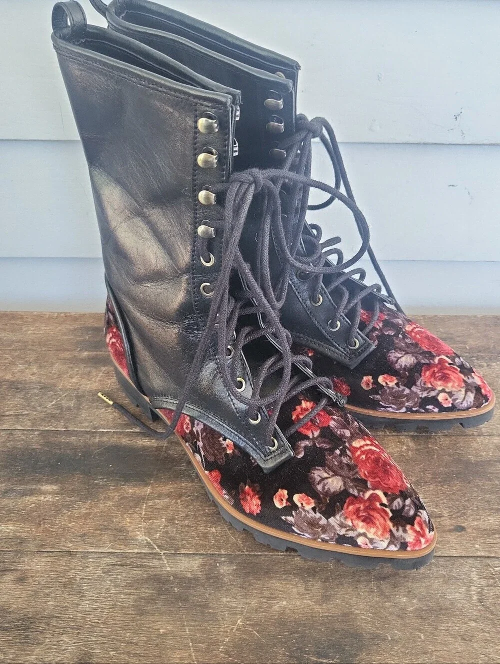 NWT Luxury Rebel Gretchen Vegan Floral Velvet Lace Up Point Toe Boots Sz 7 - Picture 13 of 15